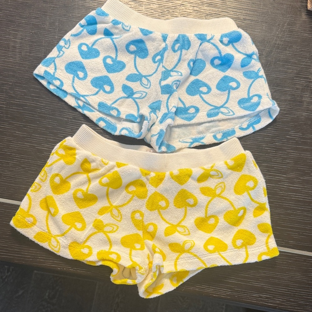 Adorable terry print cherry shorts in yellow and turquoise